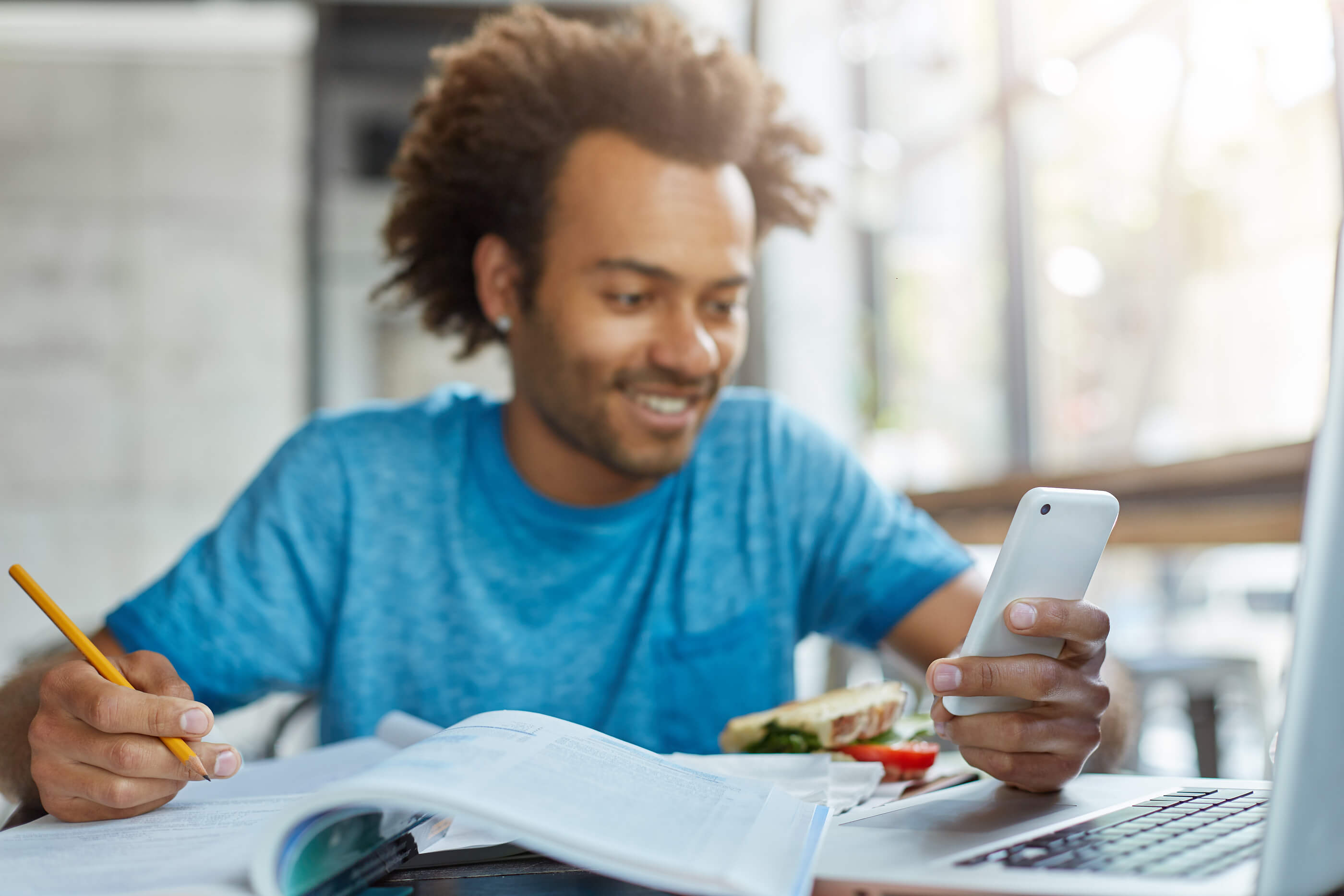 Faster homework. Man with Phone.